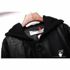 Hypeyourbeast OFF-WHITE 20FW New Logo Hooded Leather Jacket Black Hoodies & Jackets