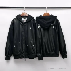 Hypeyourbeast OFF-WHITE 20FW New Logo Hooded Leather Jacket Black Hoodies & Jackets