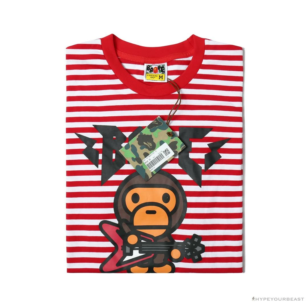 Hypeyourbeast BAPE Baby Milo Rock Bass Player Striped Tee Shirt 'RED' Clothes