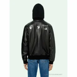Hypeyourbeast OFF-WHITE 20FW New Logo Hooded Leather Jacket Black Hoodies & Jackets
