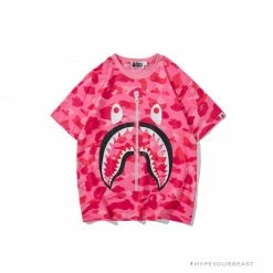 Hypeyourbeast BAPE Pink Camouflage Shark Head Fake Zipper Tee Shirt